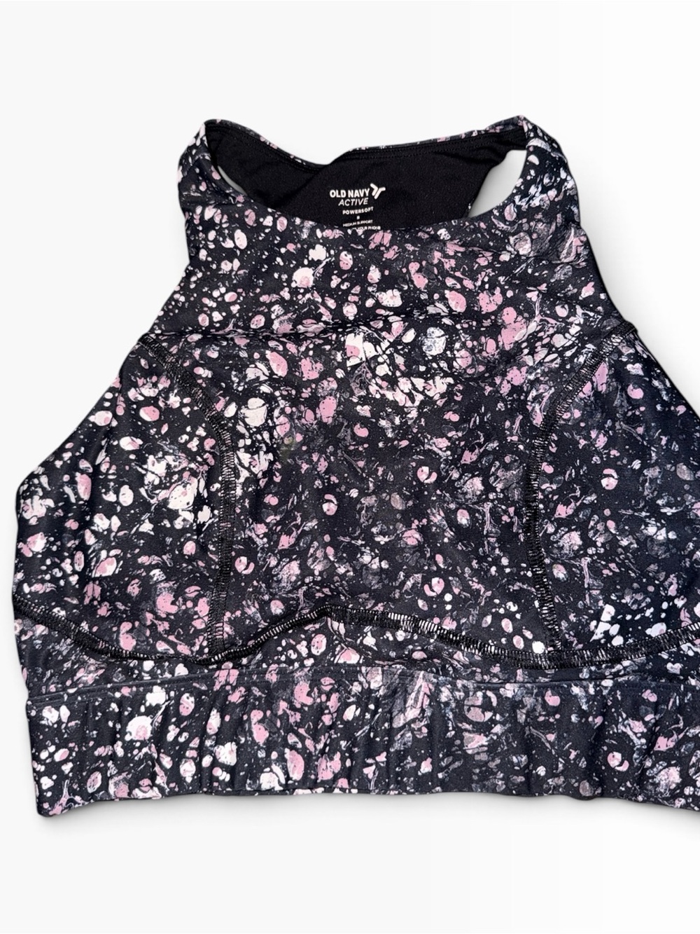 Old Navy Black Sports Bra with Pink & White Splatter Print